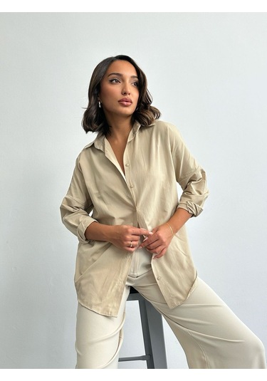 Kadın Oversize Uzun Basic Gömlek Krem
