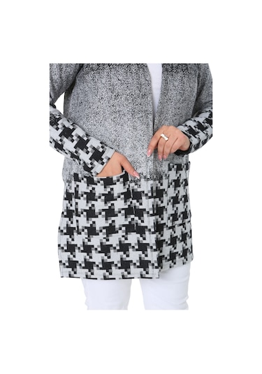 Melsay Butik Açık Gri Kazayağı Desen Kısa Büyük Beden Kadın Hırka Gri