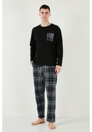 Buratti Ekoseli Cepli Beli Lastikli % 100 Pamuk Regular Fit Erkek Pijama Takımı 6572001 Siyah-Antrasit
