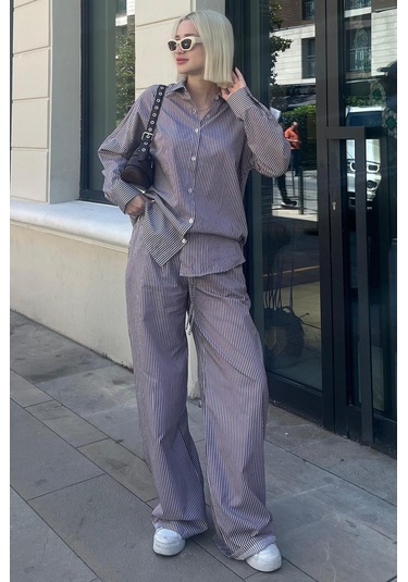 Madmext Bordo Uzun Kollu Çizgili Gömlek Pantolon İkili Takım Mg2124-bordo Bordo