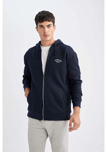 DeFacto Lacivert Relax Fit Kapüşonlu Waffle Baskılı Cepli Fermuarlı Sweatshirt D2629AX24AUNV71 Lacivert