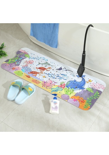 Leezsing Çocuklar İçin Deniz Temalı Pvc Banyo Kaydırmaz Paspas - 100x40 Cm, Drenaj Delikli, Yıkanabilir Çok Renkli