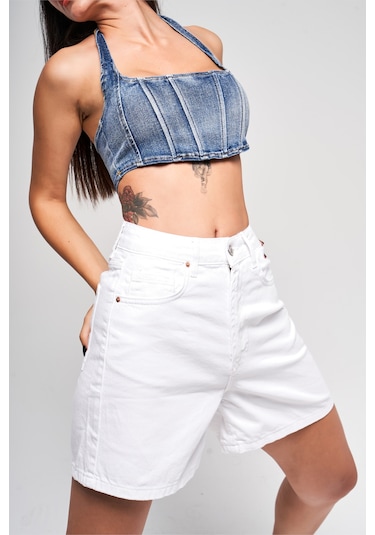 Itsbasic Kadın Beyaz Renk Diana Mom Fit Denim Şort