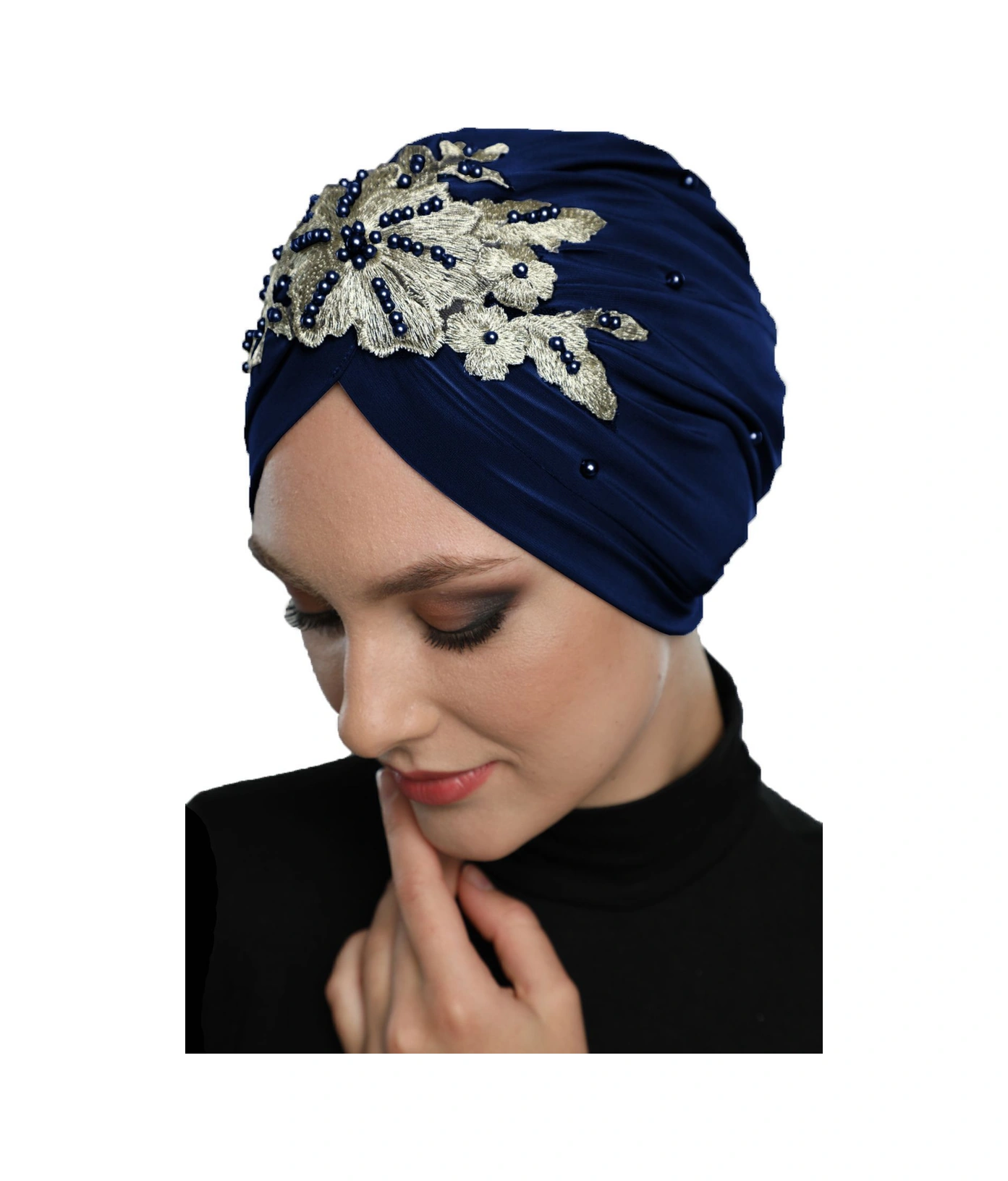 Kopma Astarlı İşlemeli Lacivert Sarı Dantel Motifli Hazır Türban Tesettür Abiye Bone Lacivert-sarı