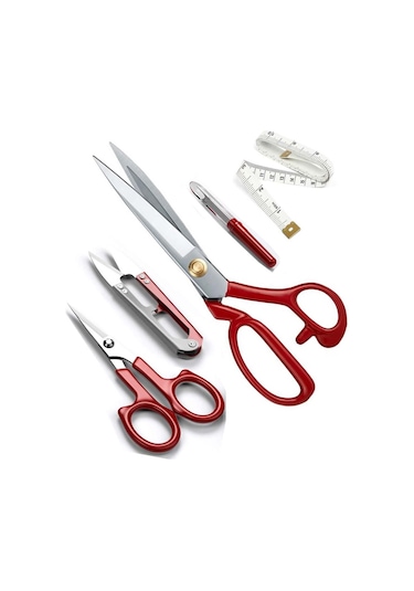 Kırmızı Saplı Profesyonel Paslanmaz Çelik Terzi Makası Set 10 Inç - 25CM Uzunluk