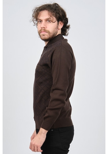 Ateş Triko Erkek Cep Detaylı Polo Yaka Desenli Yün Kazak 6092097 Kahverengi