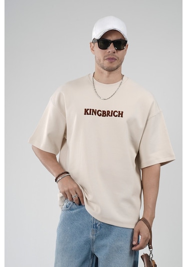 King-Brich Oversize Kalıp Kingbrich Baskılı Tişört Bej
