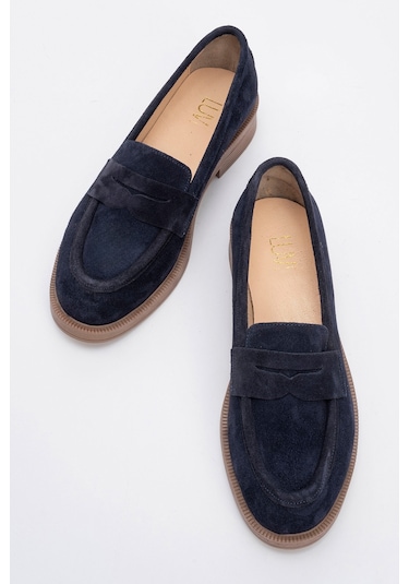 Pline Lacivert Süet Hakiki Deri Kadın Loafer Ayakkabı Lacivert