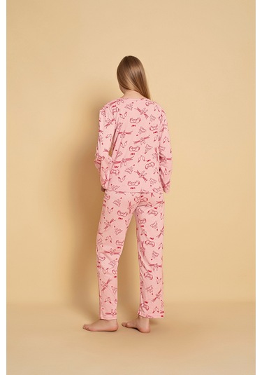Kadın Penye Sıfır Yaka Uzun Kol Pijama Takımı Pembe Looney