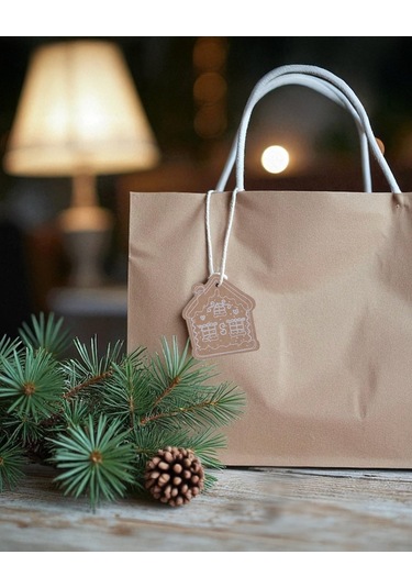 Yılbaşı, Gingerbread Ev Tasarımlı Hediye Etiket & 10m Jüt İp Seti