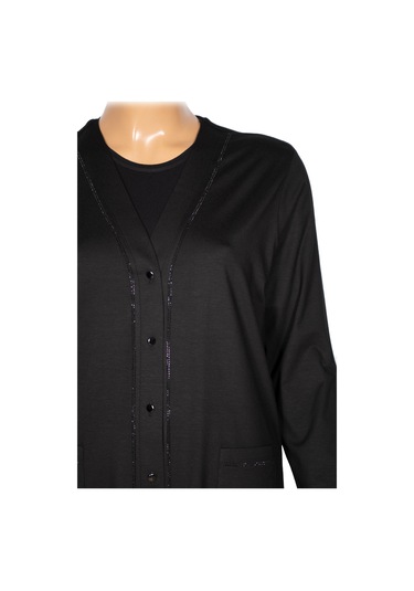 Hesna Kadın Umut Battal Beden Beş Düğmeli Cepli Penye Siyah Ceket Siyah