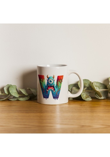 W Harfi Bardak, Sevimli Canavarlar Harflı Bardak Hediyesi Porselen Beyaz