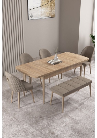 Milas Meşe Desen 80x132 Mdf Açılabilir Yemek Masası Takımı 4 Sandalye, 1 Bench Cappucino