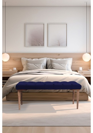 Gazzini Classic Retro Gürgen Ayak Chester Model Kapitoneli Mavi Puf Bench - Ceviz Ayak