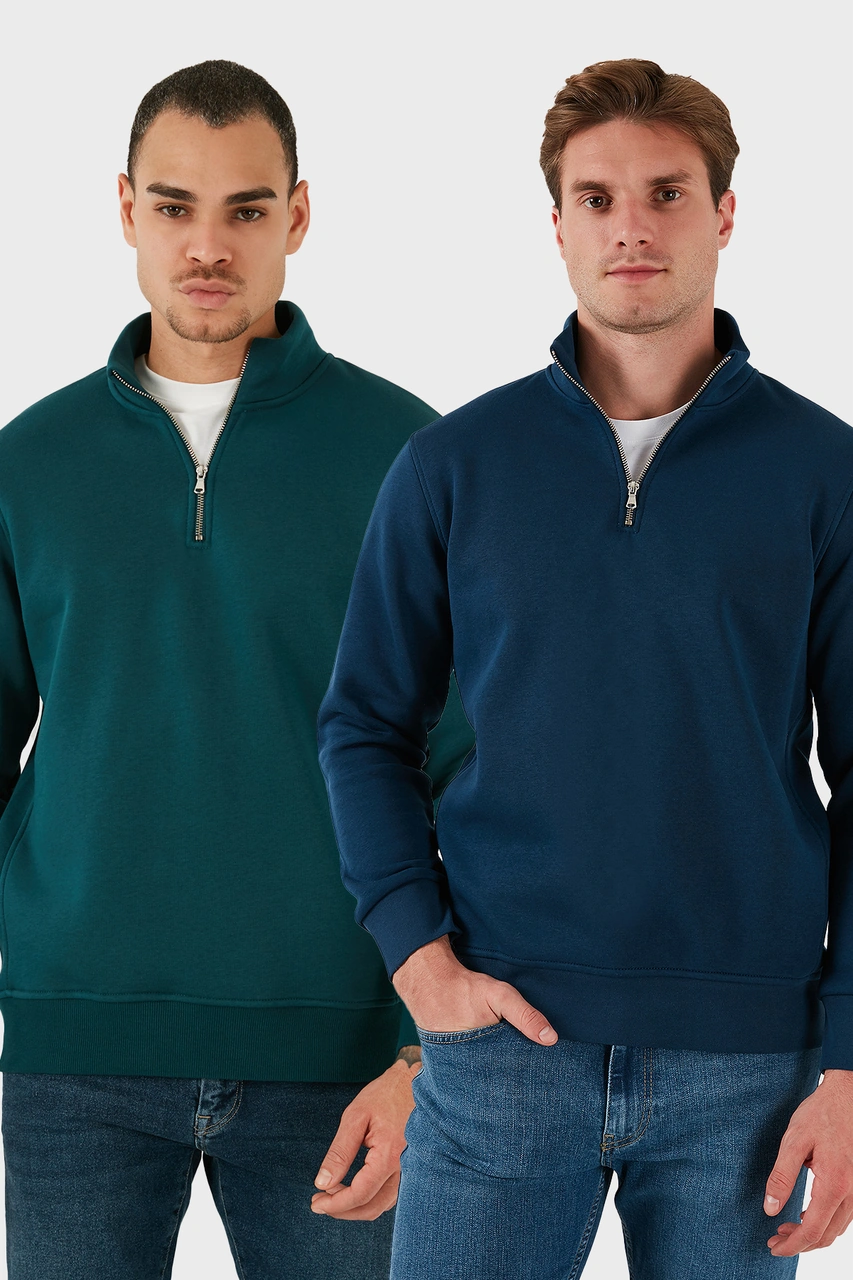 Buratti Pamuklu Regular Fit Dik Yaka 2'Li Paket Erkek Sweat 59052592S2 Indigo-Petrol