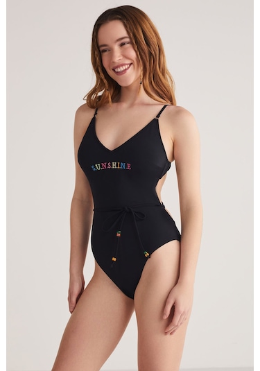 Kom Sunshine Baskılı Çıkarılabilir Kaplı V Yaka Mayokini Siyah
