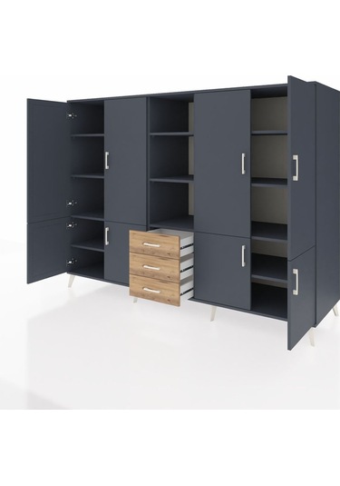 Kronos Dolap 11 Raflı 3 Çekmeceli 8 Kapaklı 220x59x163 Antrasit-a Antrasit-antrasit/çam