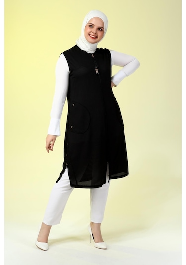 Kadin Buyuk Beden Petek Kumaş Cepli Fermuarlı Düğmeli Yelek 001