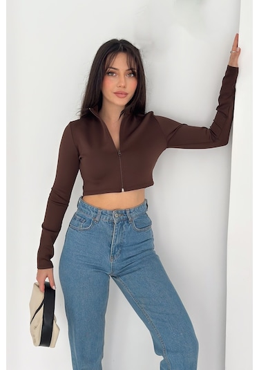 Kadın Fermuarlı Crop Ceket Dinamik & Modern Stil Kahverengi