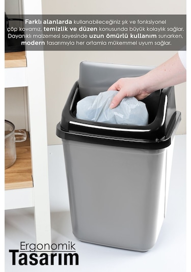Kapaklı Plastik Çöp Kovası - Ev Ofis Banyo Mutfak Çöp Kovası Gri 20 Litre Gri