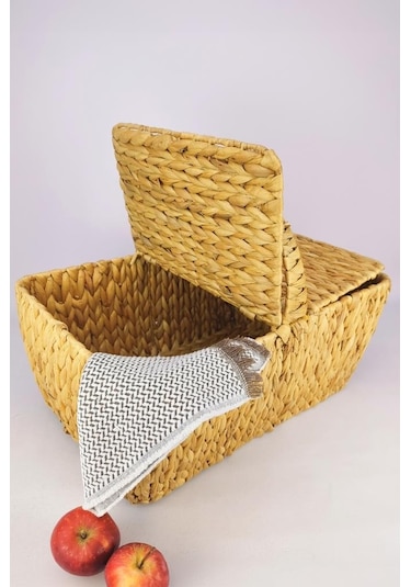 Digithome Hasır Bambu Kapaklı Piknik Sepeti Dikdörtgen Piknik Çantası Kahverengi - Cl-5004