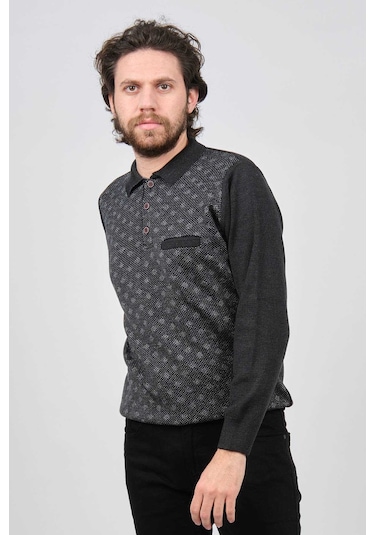 Çizgi Triko Erkek Cep Detaylı Polo Yaka Desenli Kazak 42544226 Melanj Lacivert Melanj Lacivert Lacivert Melanj