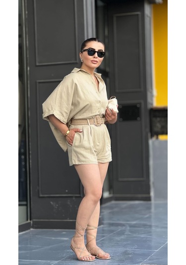 Taş Keten Kendinden Kemerli Gömlek-şort Takım Taş