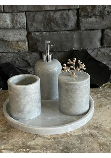 Gri Mermer 4'lü Banyo Seti Beyaz