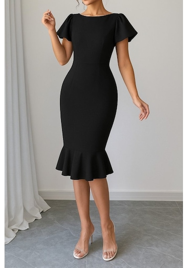 Ahes Shopping Kadın Kısa Kollu Yuvarlak Yaka Pileli Janjan Krep Elbise Siyah