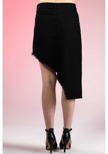 Shevega Kadın Siyah Etek Püskül Asimetrik Kesim Keten Etek Siyah