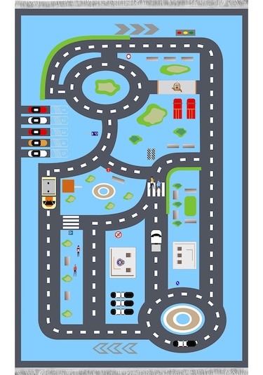 Mavi Ve Gri Renk Şeritli Yol Çocuk Odası Halısı Mavi