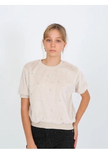 Kız Çocuk Kışlık Peluş Taşlı Yarım Kollu Tasarım Kazak-14821 Krem