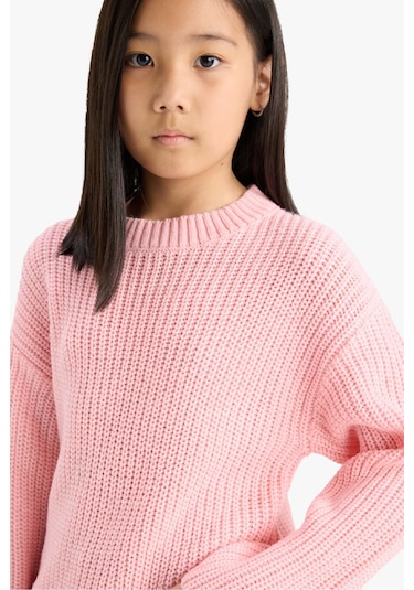 Defacto Kız Çocuk Standart Fit Bisiklet Yaka Triko Kazak C6909a825aupn637 Pembe