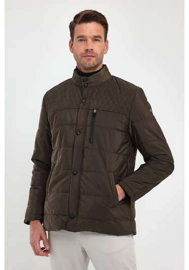 Erkek Kahverengi Standart Fit Normal Kesim Içi Kürklü Dik Yaka Çıtçıt Detaylı Fermuarlı Kışlık Mont-Kahverengi