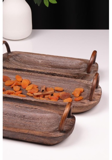 Bambum 3 Parça Pavlonya Deepwood Ahşap Sunum Seti Kulplu Dikdörtgen Servis Tabakları Ahşap