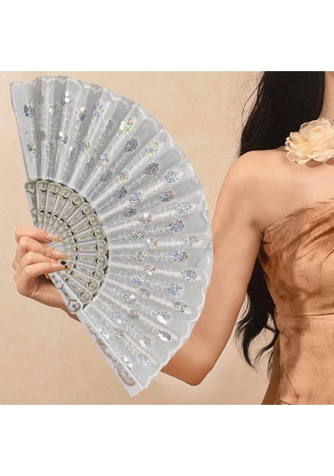 Beluga Yelpaze Şık Doğal Serinletici Pullu Gelin Yelpaze Beyaz