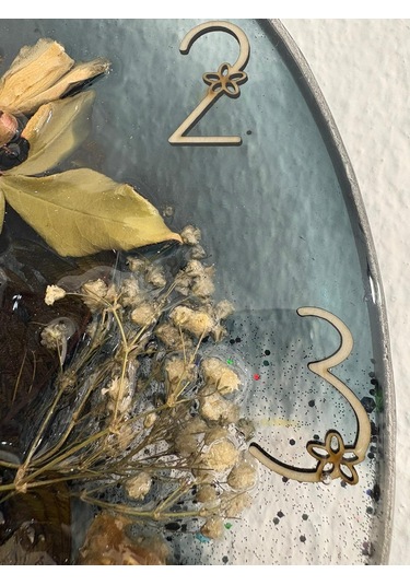 Pelince - Kuru Gül Ve Doğal Çiçekli - Siyah - Epoksi Duvar Saati Özel Tasarım - Tek Üretim - 30 Cm Siyah