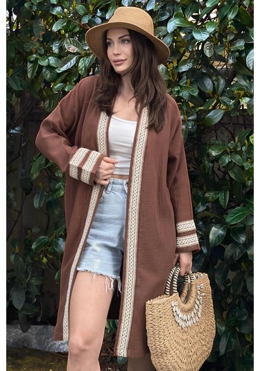 Kadın Kahve Müslin Kumaş, Hasır Şerit Detaylı Salaş Kimono Ceket Kahve