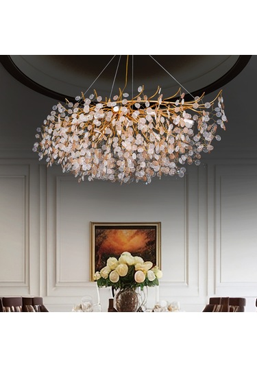 Masal Sıralı Gold Yemek Masası Üstü, Kristal Taşlı Modern, Oturma Odası, Salon Avize Altın