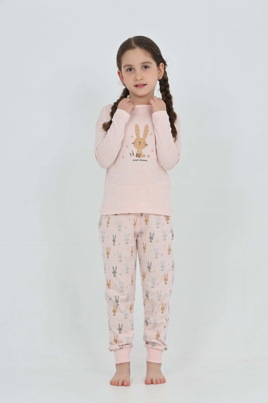 Toontoy Kız Çocuk Tavşan Baskılı Pijama Takım Pudra