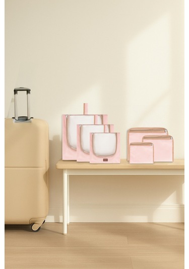 6'lı Bej Valiz Düzenleyici I Bavul Içi Organizer Set I Seyahat Hurcu X Açık Pembe