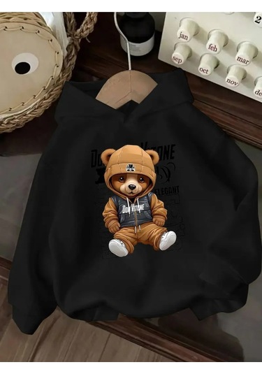 Kışlık Kapüşonlu Sweatshirt, Çocuk Ayıcık Baskılı SiYAH