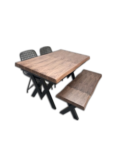 Masa Kütük Desen Takım Model X Metal Çelik Ayak Yan Açıl Tabla Be Kahverengi