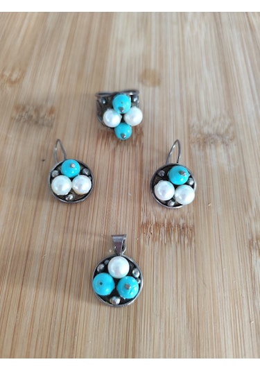 Firuze Ve İncili Gümüş Set Bronz