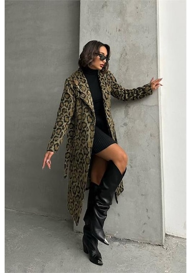 Dip Moda Kadın Leopar Desenli İthal Kaşe Kaban Dpnbg054 Çok Renkli