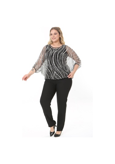 Büyük Beden 3899 Siyah - Gümüş Bluz + Bady İkili Takım 001