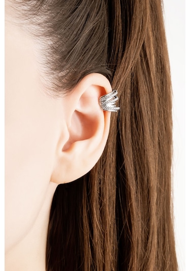 Beyaz Taşlı 18 Ayar Beyaz Altın Kaplama Gümüş Tek Kıkırdak Küpe Beyaz