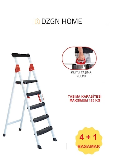 Extra Dayanıklı 4+1 Özel Tasarım Hafif, Kaymaz, Metal Basamaklı Katlanır Merdiven Kırmızı-siyah