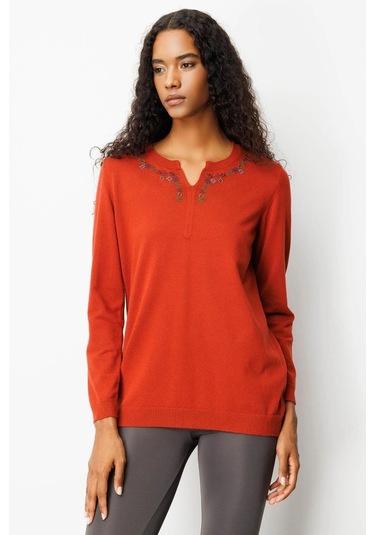 Desen Triko Sıfır Yaka Yakası Çiçek Nakış İşlemeli Kadın Bluz 25094 Kiremit