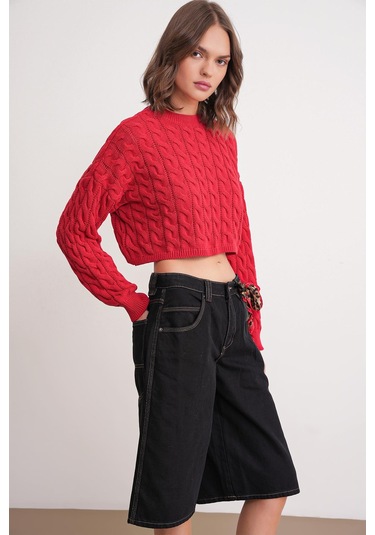 6863 Kadın Saç Örgülü Crop Triko Kazak Kırmızı Kırmızı